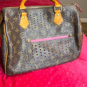 Louis Vuitton Brown Monogram Satchel with Pink Accent